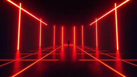 Minimalist 3D arena with glowing beams forming a pattern and a small figure choosing a path through a gap
