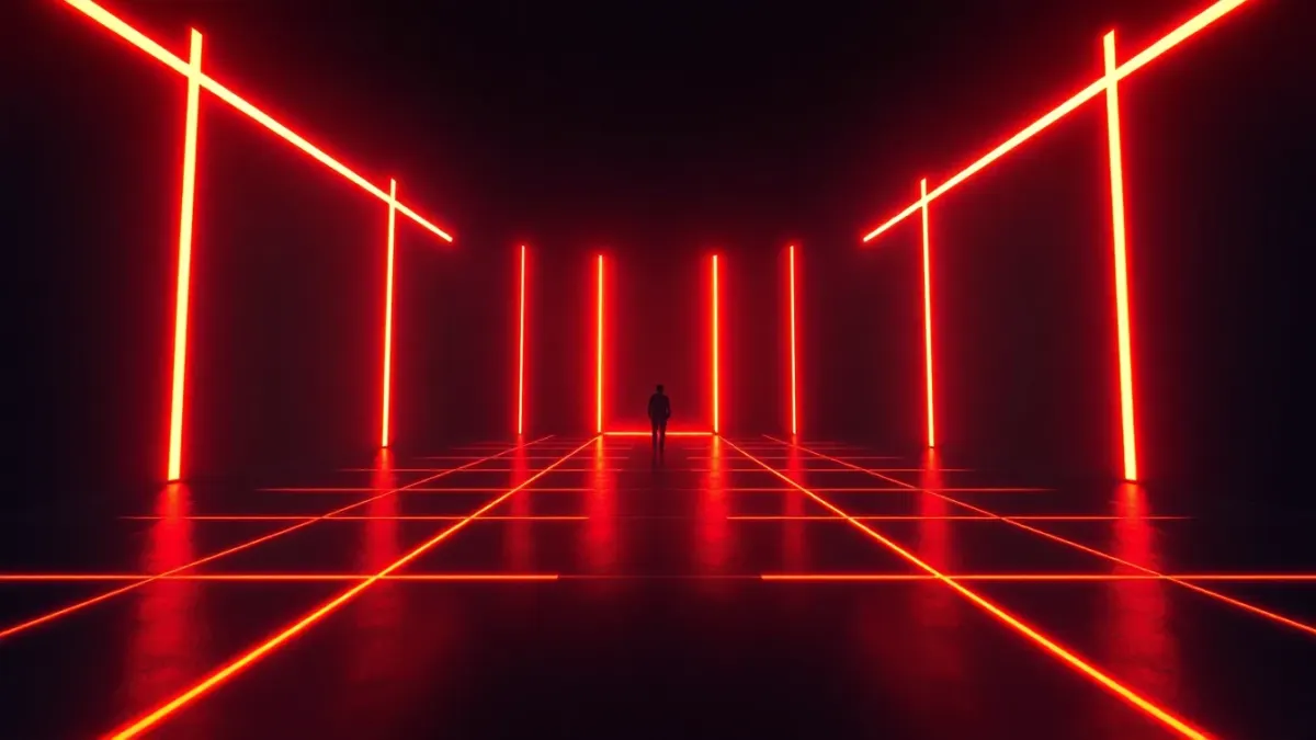 Minimalist 3D arena with glowing beams forming a pattern and a small figure choosing a path through a gap
