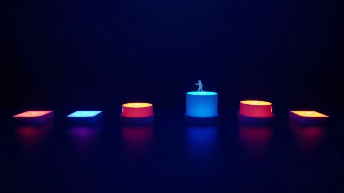 Seven glowing stepping stones in different colours rising across a dark floor with a small figure stepping up