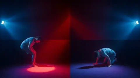 Four poses of a person ducking, leaning, crawling and reaching in a dark room lit by coloured laser beams