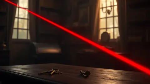 Vintage study with a locked chest and a red laser beam cutting across the dusty air