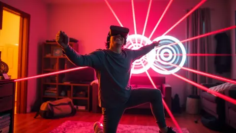Person in casual clothes laughing in a headset between laser beams with a gym bag forgotten in the corner