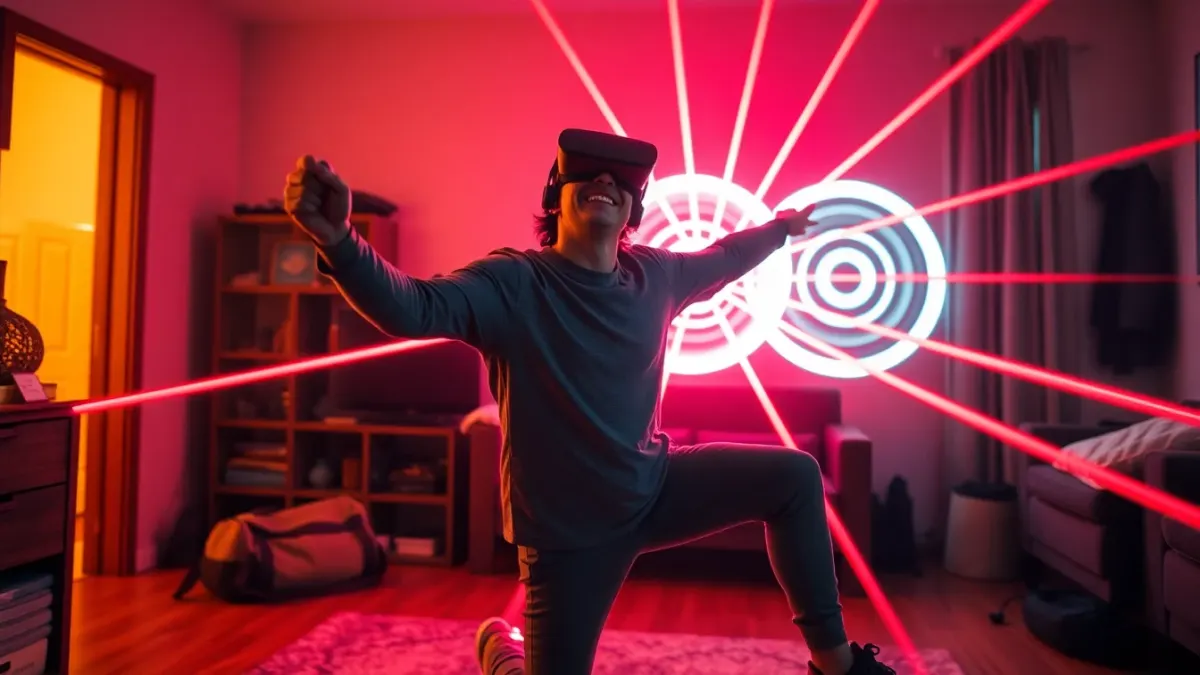 Person in casual clothes laughing in a headset between laser beams with a gym bag forgotten in the corner