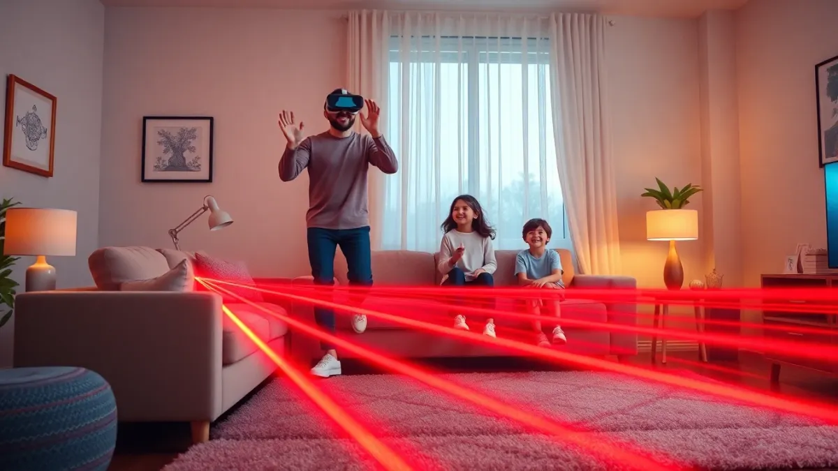 Family laughing in a living room while one member dodges virtual laser beams