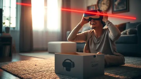 Person putting on a new headset next to an open box as a red laser beam appears