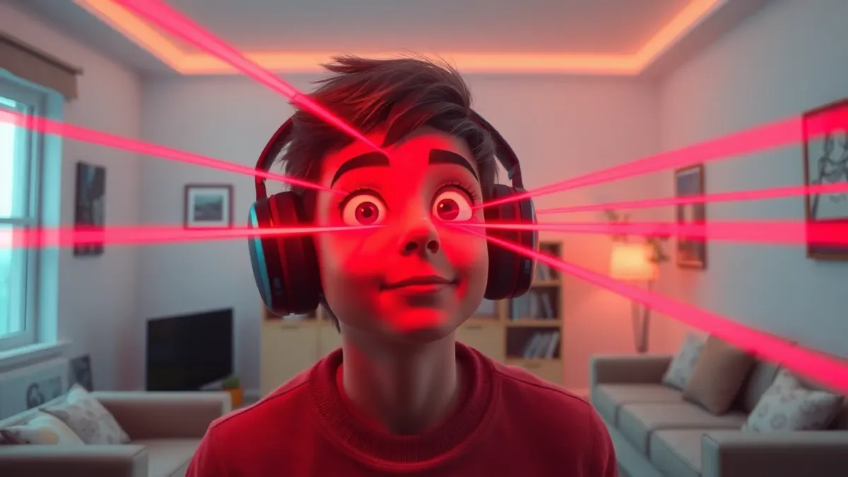 Wide-eyed person in a headset looking at red laser lines floating across an ordinary living room