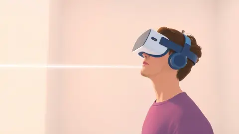 Player in a headset looking puzzled at a laser beam passing through a wall