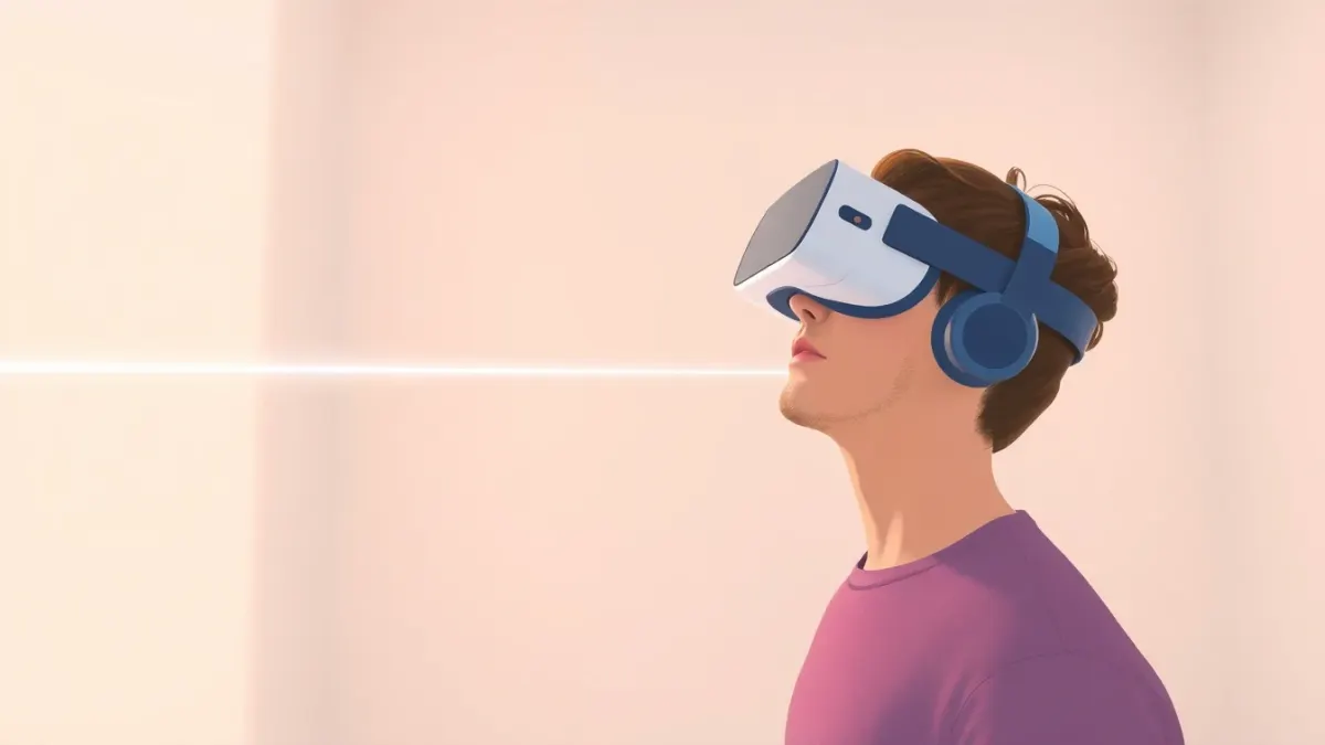 Player in a headset looking puzzled at a laser beam passing through a wall