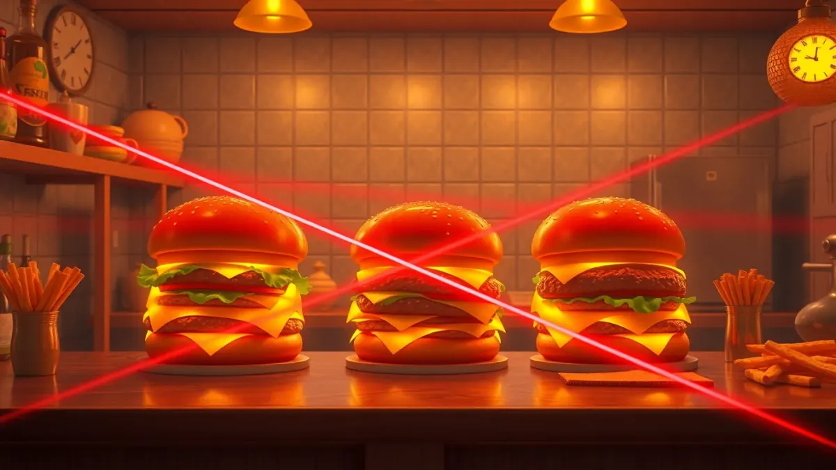 Kitchen with oversized food treasures guarded by thin red laser beams