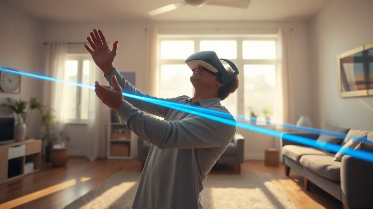 Player stretching in a bright living room with soft laser beams in the air