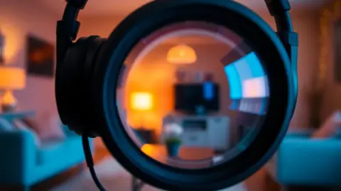 Close-up of a headset lens reflecting a warm, colourful living room