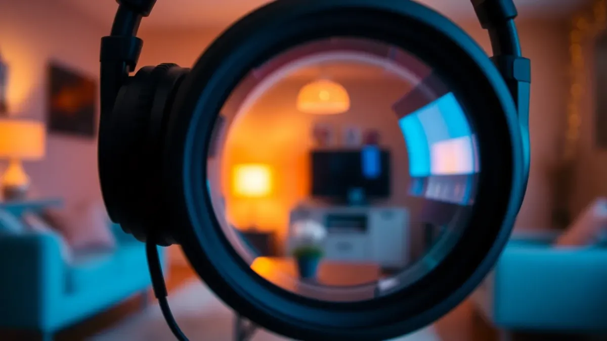 Close-up of a headset lens reflecting a warm, colourful living room