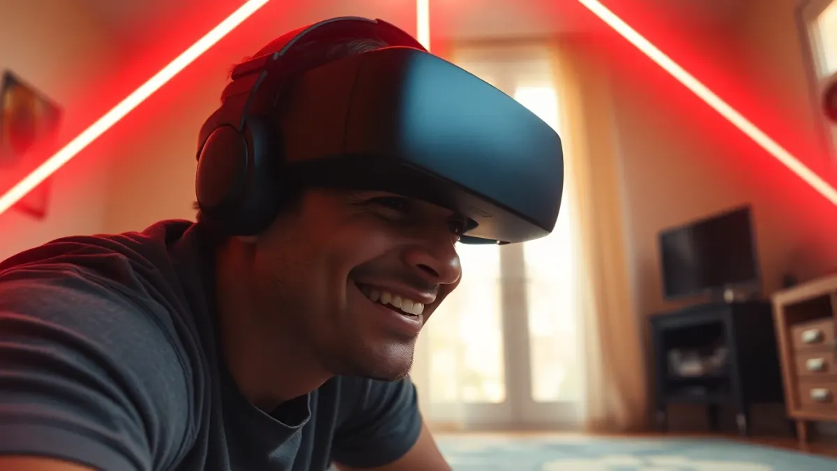 Player crouching under red laser beams in a living room during a mixed reality workout