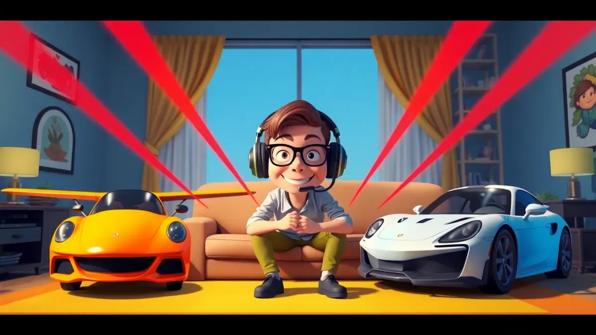 Cartoonish living room with a plane and sports car on the sofa as a player squeezes between red laser beams