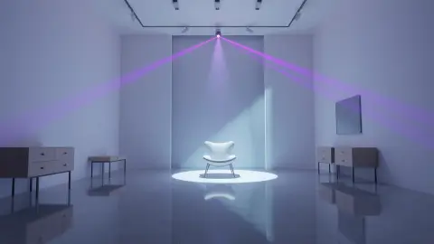 Designer chair in a showroom with purple laser beams crossing the space
