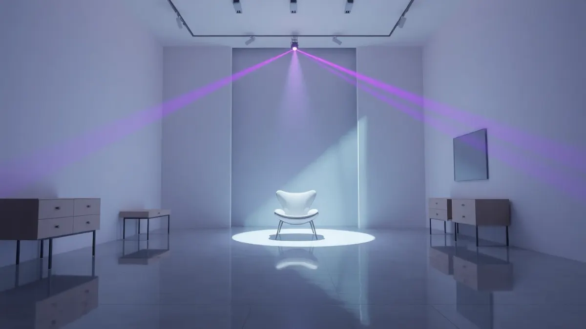 Designer chair in a showroom with purple laser beams crossing the space