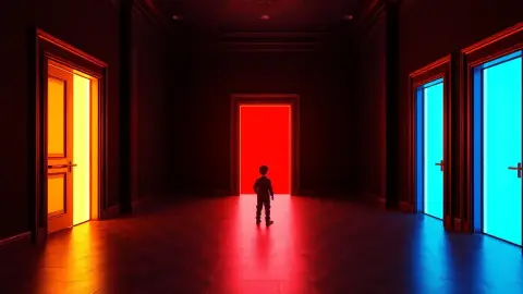 Three glowing doorways in gold, red and blue in a dark corridor with a small figure choosing one