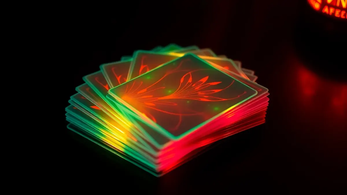 Fanned stack of glowing abstract cards with laser patterns on a dark table