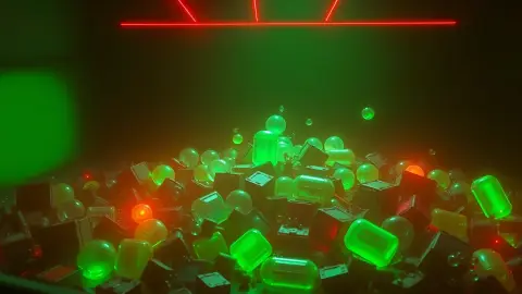 Glowing treasure in a pile of trash with floating green bubbles and lasers