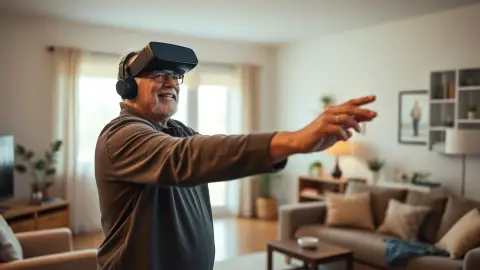 Older man in a headset reaching toward a glowing target in a bright living room with a family member beside him