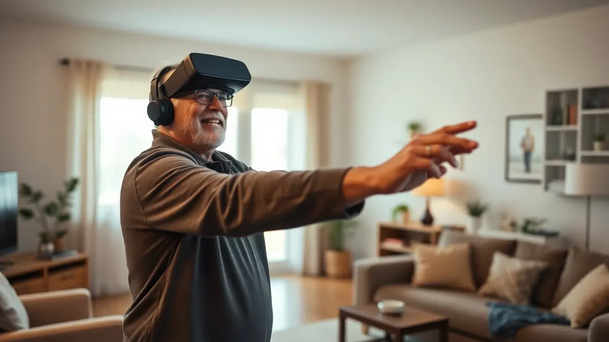 Older man in a headset reaching toward a glowing target in a bright living room with a family member beside him