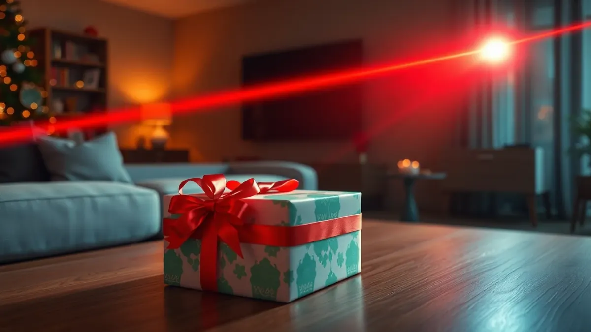 Wrapped gift on a coffee table with a thin red laser beam crossing above it