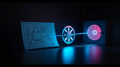 Diorama of a blueprint, lockpick, vault door and glowing laser grid arranged as a timeline