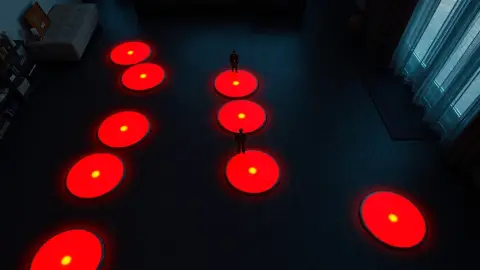 Seven glowing stepping stones across a dark floor like a route