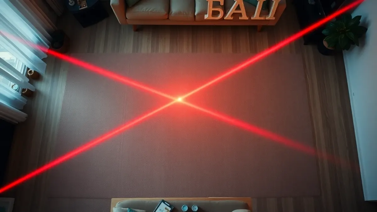 Clear square of living room floor with red laser beams crossing it