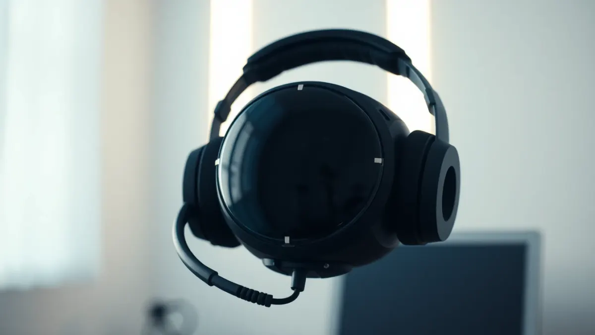 Headset in a softly lit room with faint translucent cones radiating from the front showing camera fields of view