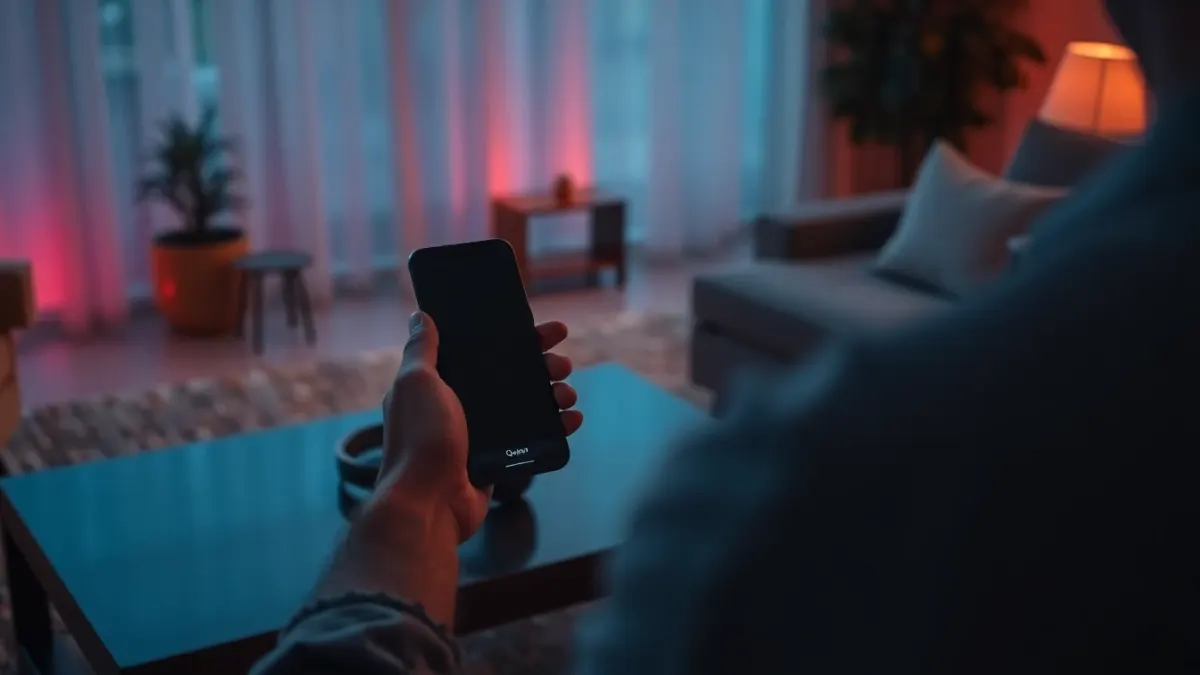 Person with a phone beside a headset on a coffee table in a softly lit living room