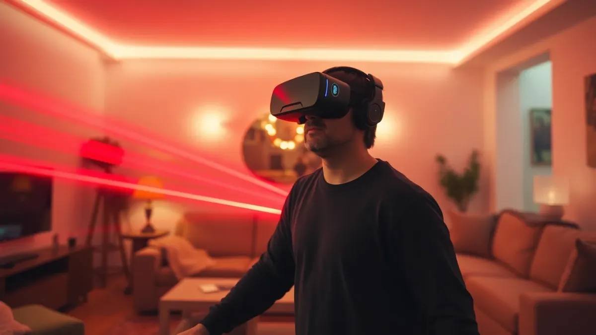 Long-exposure light trails following a player moving through laser beams