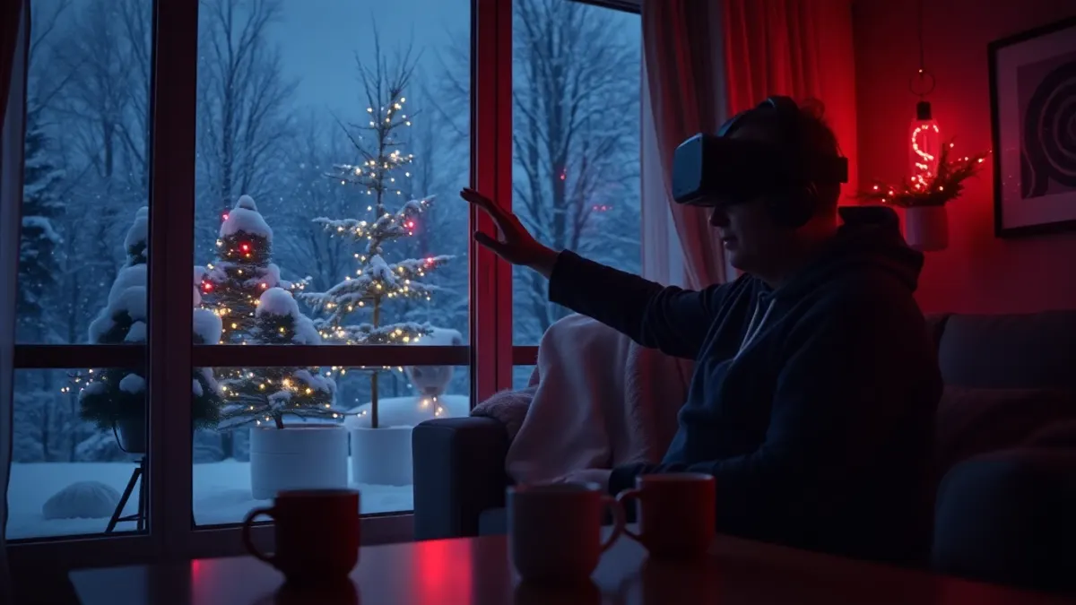 Warm living room on a snowy night with a person in a headset reaching between soft red laser beams