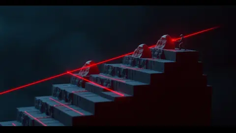 Seven tiny worlds ascending like steps with denser laser grids