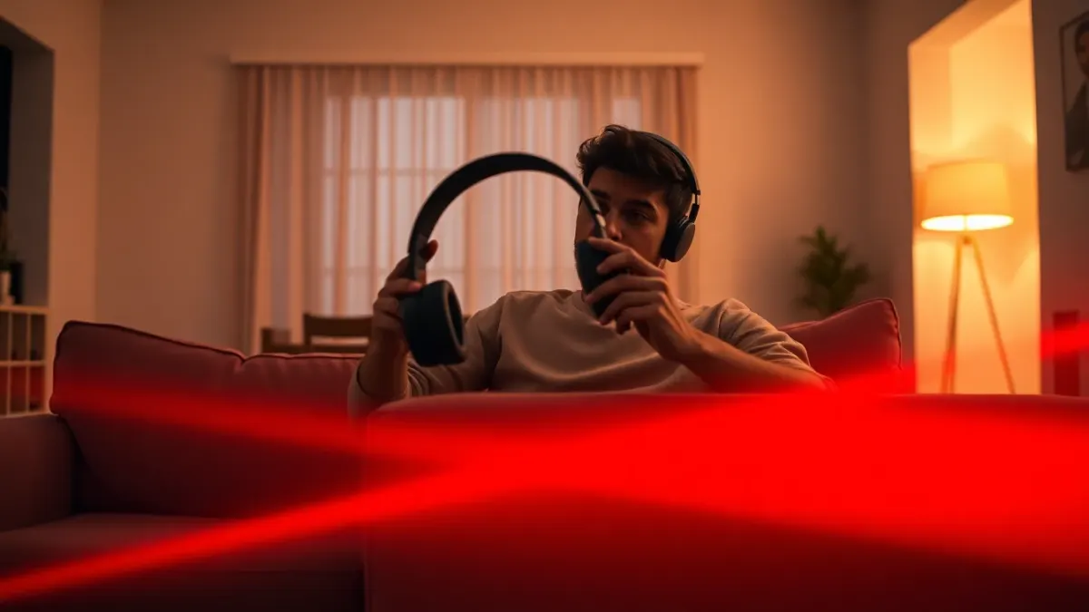 Person on a sofa holding a headset while a red laser line glows across the room behind
