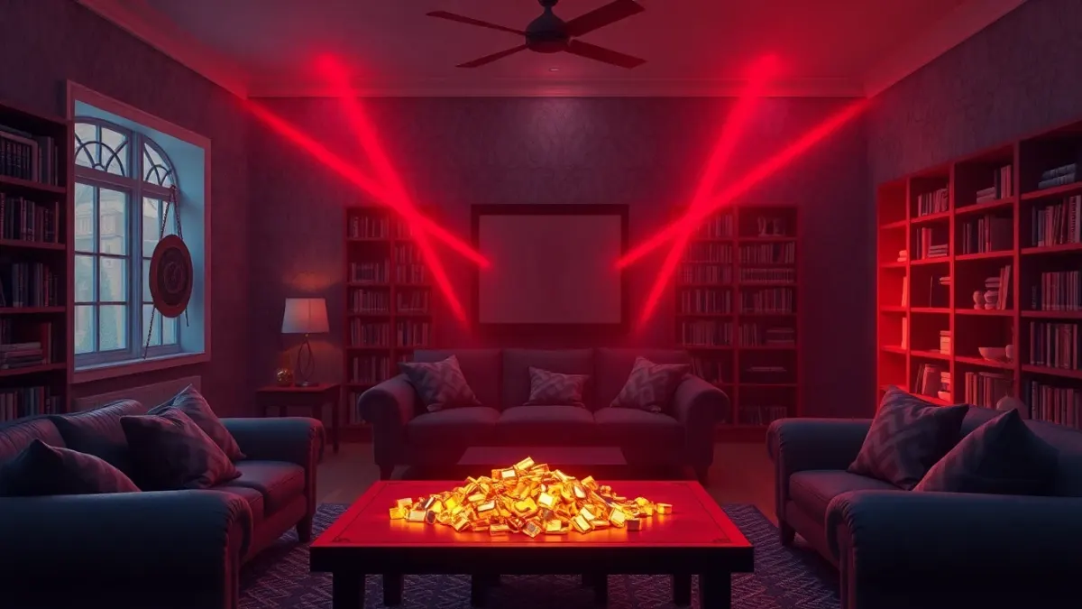 A living room reimagined as a vault with red laser beams between the sofa and bookshelf