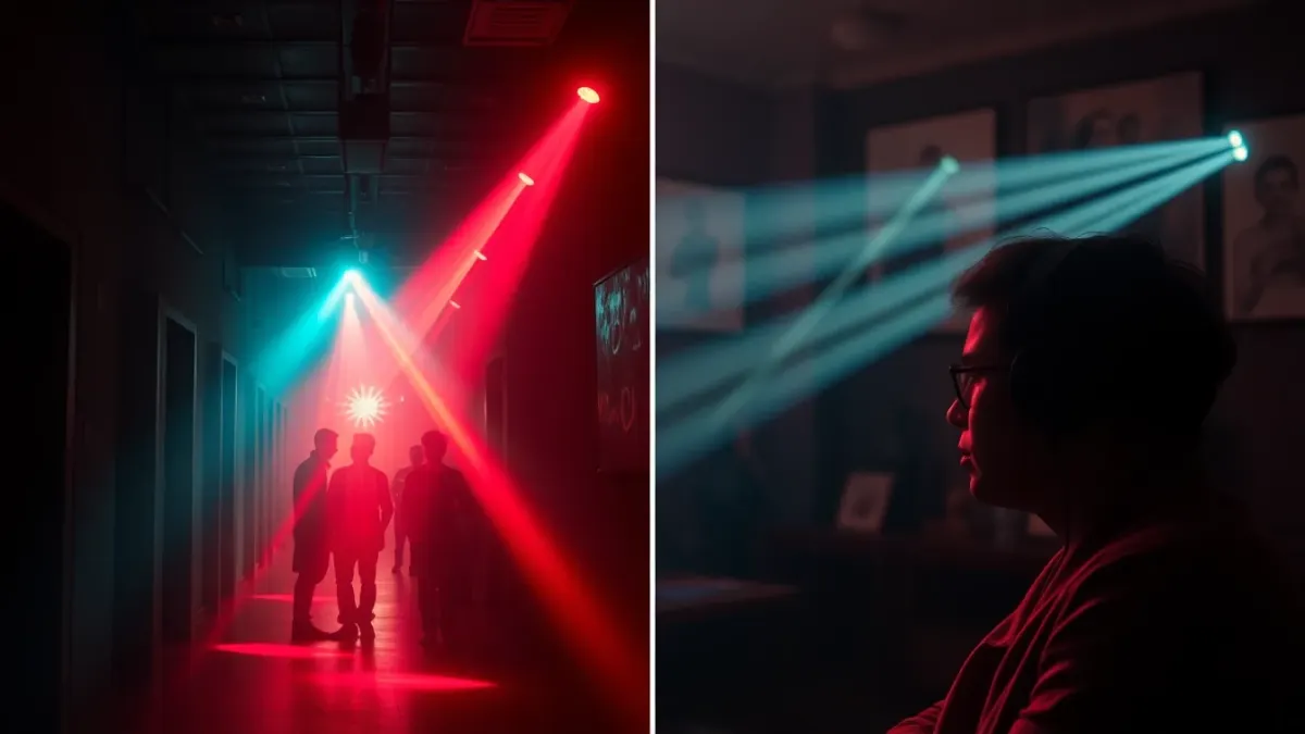 Side by side comparison of a venue laser corridor and a living room with a headset player dodging beams