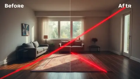Living room with sofa moved to the wall and a red laser across the cleared floor