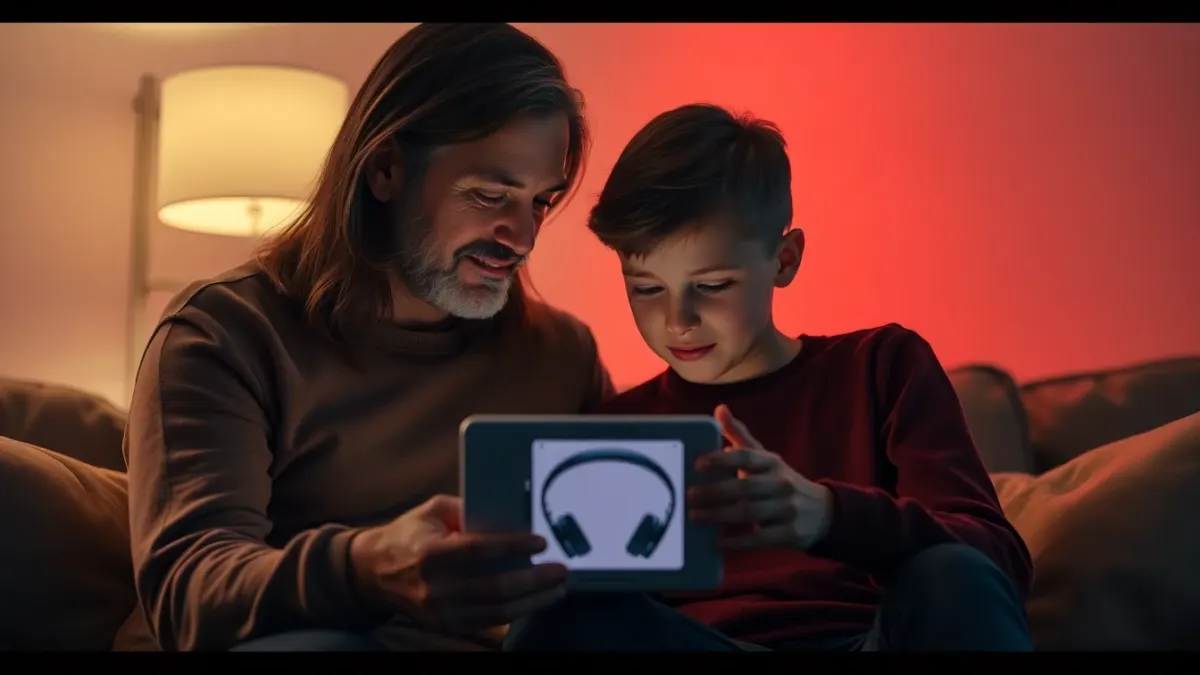 Parent and teenager looking at a headset together on a sofa