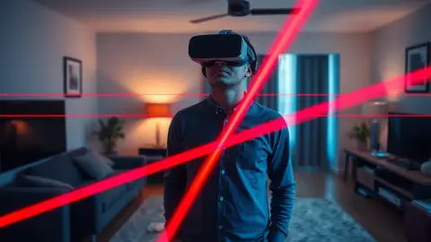 Beginner wearing a Quest headset facing a grid of red laser beams in a living room