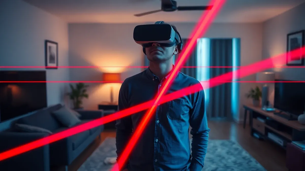 Beginner wearing a Quest headset facing a grid of red laser beams in a living room