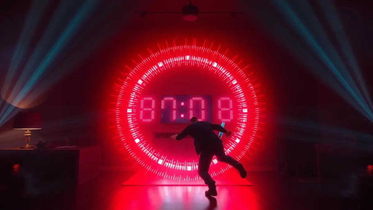 Player lunging toward a glowing safe through dense laser beams in a living room