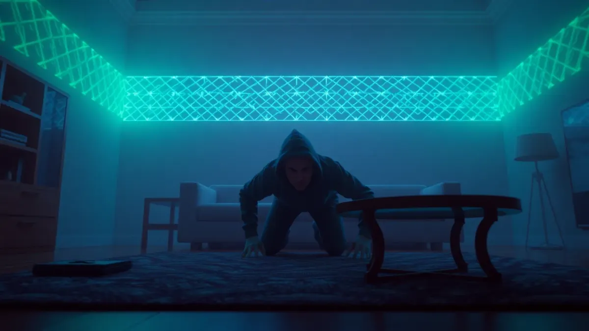 Player crawling under green and blue laser grids beside a coffee table