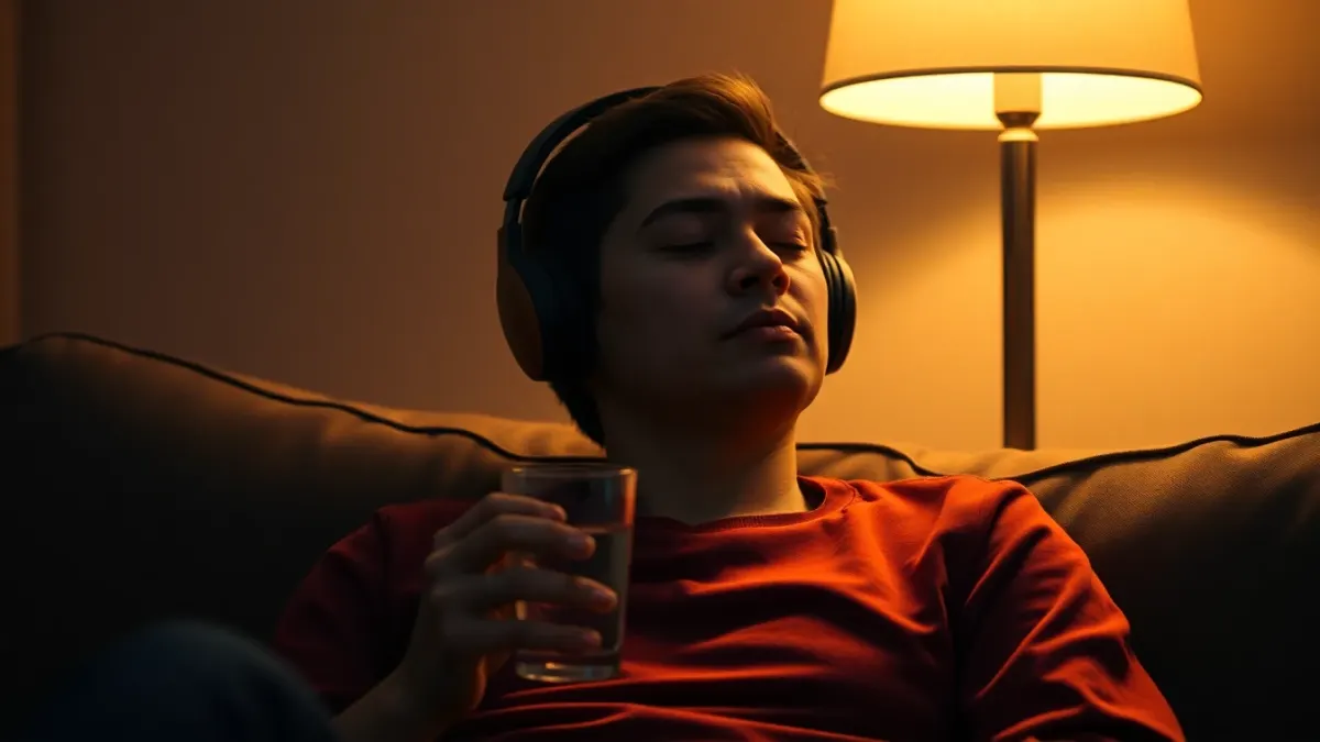 Person resting on a sofa with a headset pushed up and a glass of water