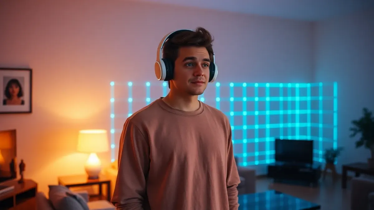Relaxed player in a living room surrounded by soft blue-green laser grids