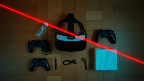 Headset, controllers, water bottle and towel laid out like a heist plan with red laser lines