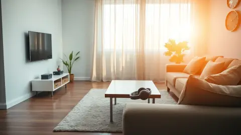 Tidy living room with clear floor and a headset on the sofa ready for play