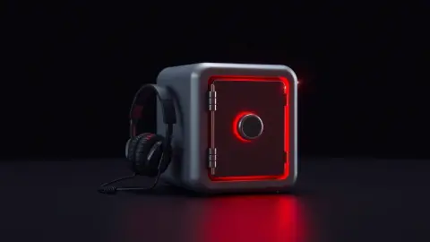 Small glowing red safe beside a miniature headset guarded by laser beams