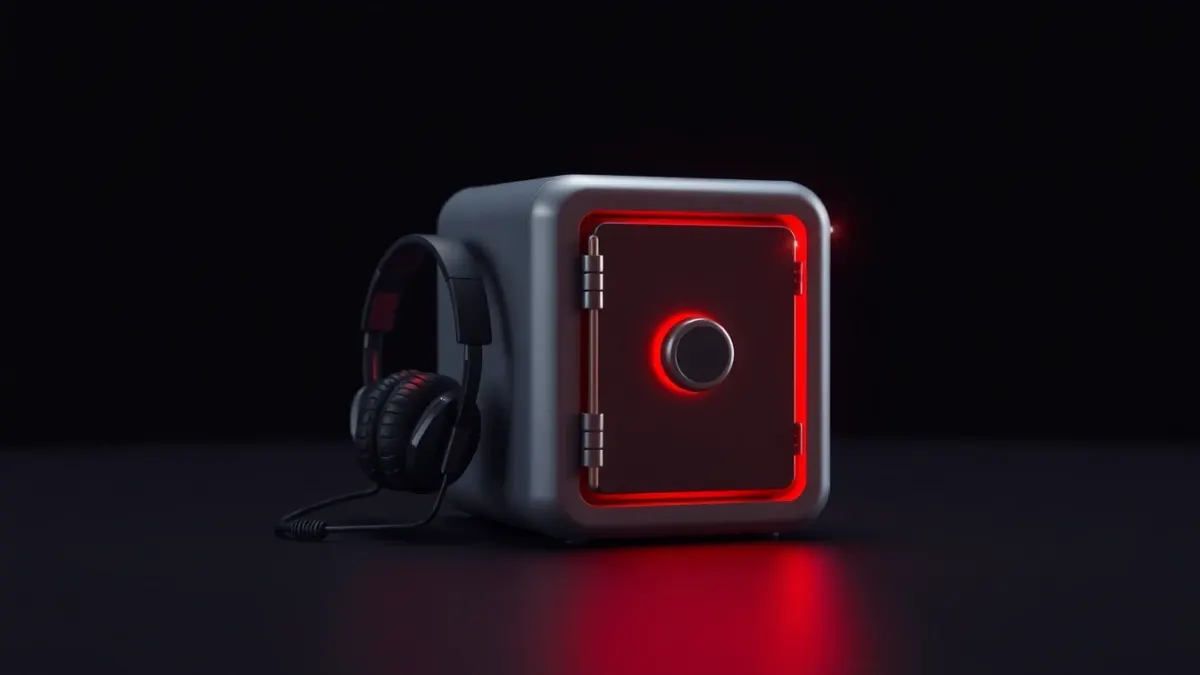 Small glowing red safe beside a miniature headset guarded by laser beams