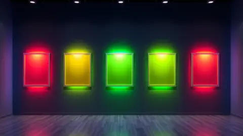 Gallery wall of five frames lit by red, yellow, green, blue and orange laser beams